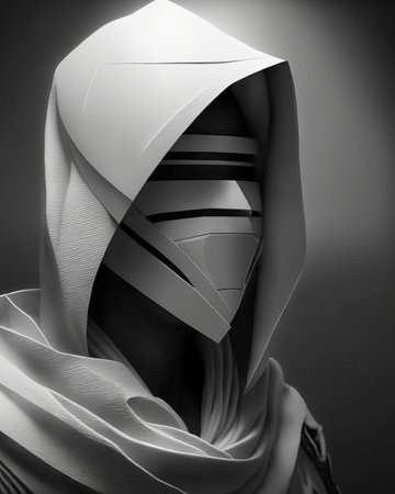 a black and white photo of a person wearing a hood made of paper pieces and a scarf.の写真素材