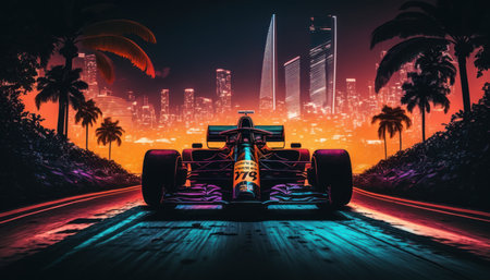 racing car in front of city skylines at night in purple and blue hues.の写真素材