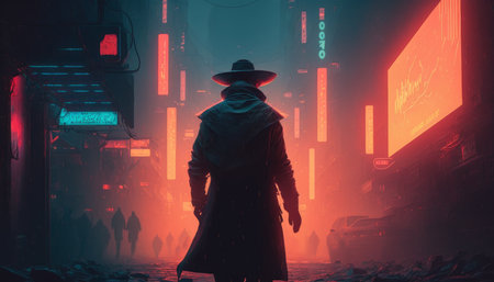 a cowboy gunslinger walking through the neon-lit streets and alleys of a futuristic Tokyo, shrouded in dense fogの写真素材