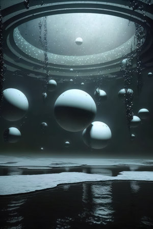 space scene with many different spheres in a chaotic compositionの写真素材