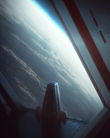 view from space to the earth from the porthole of the cockpit of a spacecraft during its flight in space.の写真素材