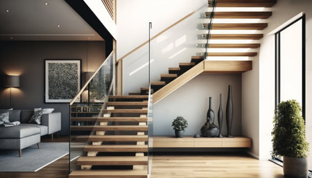 a contemporary interior design element featuring glass fencing and wooden stairs.の写真素材