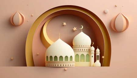 A 3D banner for Islamic holidays such as Ramadan, Eid al-Fitr, and Eid al-Adha, featuring a toy mosque and a crescent moon on a round mirror with an onion dome in the backgroundの写真素材