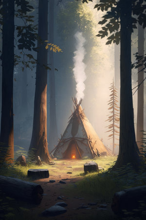 a tent in the forest with a fire nearby and some rocks and trees around it, digital illustrationの写真素材