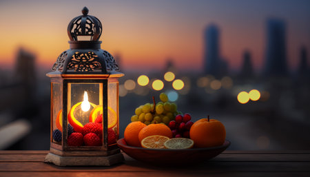 a lantern and some fruit on a table in front of a cityscape.