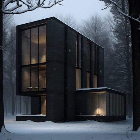 modern house in the forest on a snowy day with snowfall.の写真素材