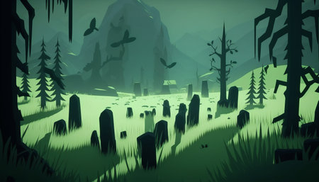 cemetery on the outskirts of a dark forest on a green meadow and a mountain in the background, a dreamの写真素材