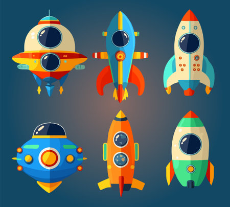 Spaceship vector icons set in flat style. Exploration and business start up launch concept. Isolated design elementsのイラスト素材