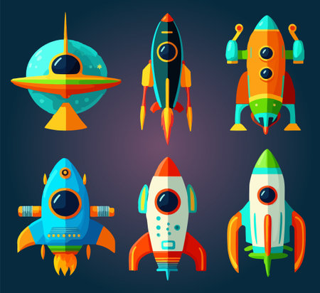 Spaceship vector icons set in flat style. Exploration and business start up launch concept. Isolated design elementsのイラスト素材
