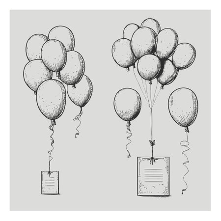 A collection of diverse balloons, consisting of inflatable balls on a string and inflatable balloons designed with a card for adding textのイラスト素材