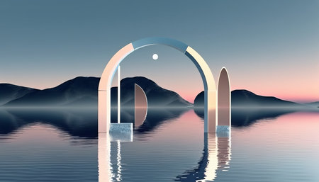 Abstract zen seascape background depicted in 3D rendering with a Nordic surreal scenery featuring geometric mirror arches, serene water, and a pastel gradient sky. The overall result is a futuristic and minimalist wallpaperの写真素材