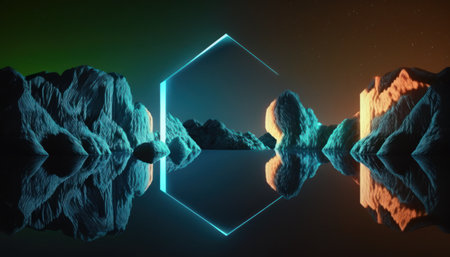 A futuristic minimalist wallpaper featuring a 3D render of an abstract neon background with a rhombus geometric shape and square frame. It also includes an extraterrestrial landscape with rocks and water reflection under a night sky.の写真素材