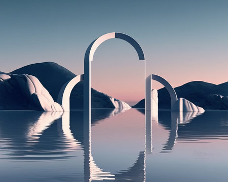 Abstract zen seascape background depicted in 3D rendering with a Nordic surreal scenery featuring geometric mirror arches, serene water, and a pastel gradient sky. The overall result is a futuristic and minimalist wallpaperの写真素材