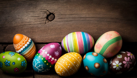 Easter eggs on wooden background.の写真素材