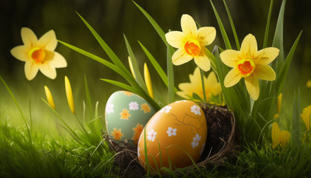 Easter eggs hidden in the grass with a daffodil flower in the backgroundの写真素材