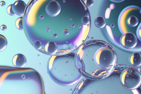 An abstract 3D render featuring translucent soap bubbles and glass balls, perfect as a decorative wallpaperの写真素材