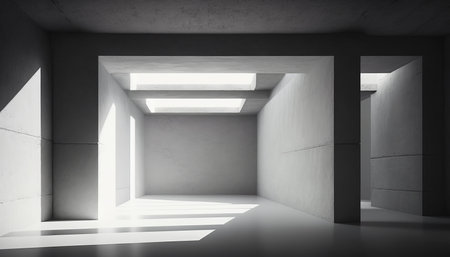 An abstract architectural background created through 3D rendering, featuring an empty room with concrete walls that are illuminated with bright lightの写真素材