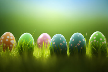 A row of Easter eggs placed in fresh green grass.の写真素材