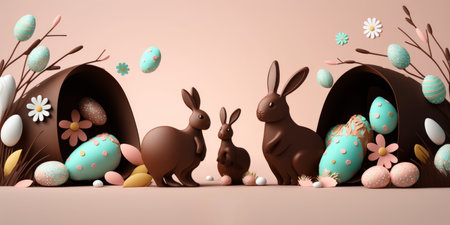 A 3D Easter banner featuring chocolate bunnies and a beautiful painted Easter egg hunt concept, perfect for egg decoration art.の写真素材