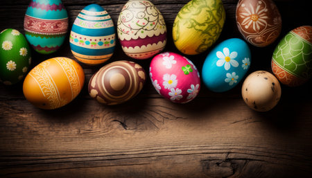 Easter eggs on wooden background.の写真素材