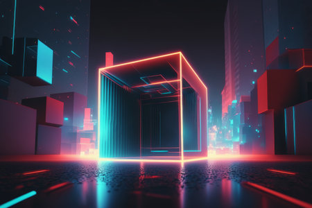 A digital futuristic wallpaper depicting a 3D render of an abstract red and blue neon background with a glowing linear volumetric cube in the middle of a city street under a starry night skyの写真素材