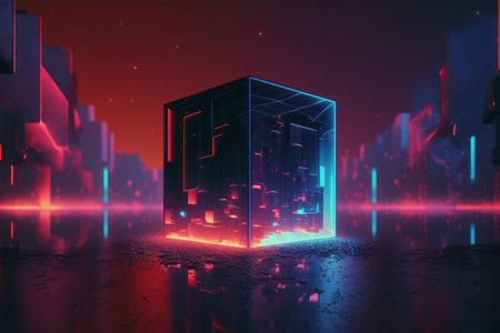 A digital futuristic wallpaper depicting a 3D render of an abstract red and blue neon background with a glowing linear volumetric cube in the middle of a city street under a starry night skyの写真素材
