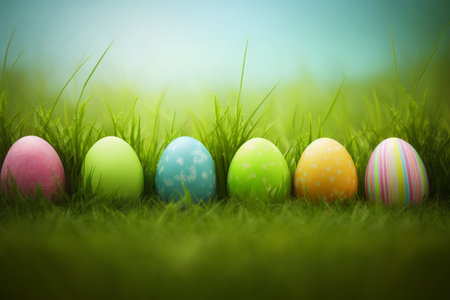 A row of Easter eggs placed in fresh green grass.の写真素材