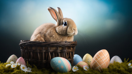 A little rabbit sitting in a basket with a decorated eggの写真素材