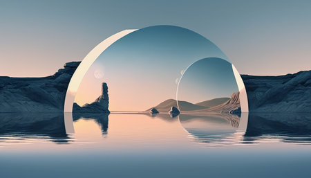 A 3D rendered abstract panoramic background of a serene northern seascape with fantastic elements. It features calm waters, flat geometric mirror arches, and a gradient sky, creating an aesthetic landscape wallpaper perfect for any spaceの写真素材