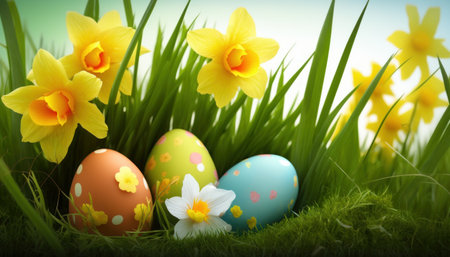 Easter eggs hidden in the grass with a daffodil flower in the backgroundの写真素材