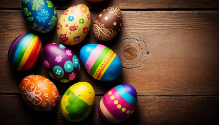 Easter eggs on wooden background.の写真素材