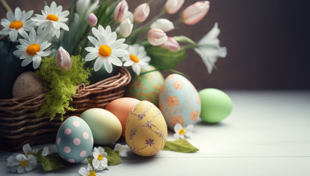A congratulatory Easter background with Easter eggs and flowers, perfect for wishing someone a happy Easter.の写真素材