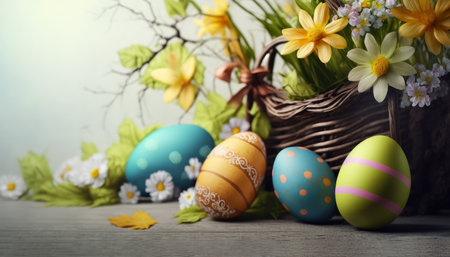 A congratulatory Easter background with Easter eggs and flowers, perfect for wishing someone a happy Easter.の写真素材
