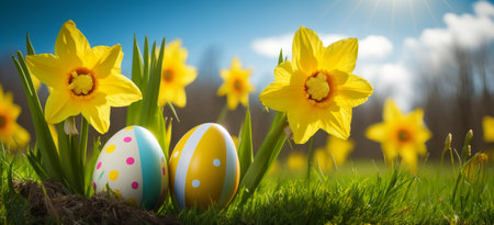 Easter eggs and daffodil flower on meadow.の写真素材