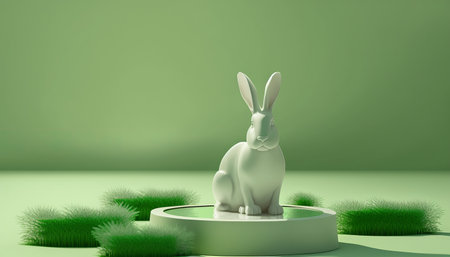 A 3D display podium placed on a pastel green background, featuring an Easter bunny on natural green grass with rabbit ears. The design has a nature minimal pedestal and is perfect for beauty and cosmetic product presentations. This spring banner is a 3D render mockup.の写真素材