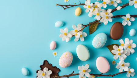 A stylish and tender spring template for a greeting card or banner with a flat lay of colorful Easter chocolate eggs and cherry blossoms on a blue background. The design includes space for text and is perfect for celebrating Easterの写真素材
