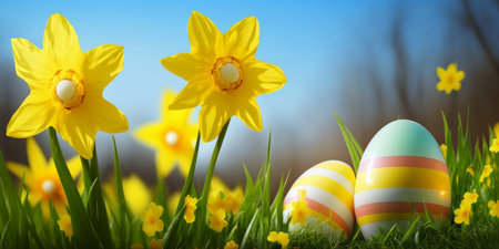 Easter eggs and daffodil flower on meadow.の写真素材