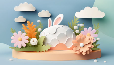 A trendy Easter greeting card with a 3D podium, spring flower, cloud, Easter egg, and bunny. The design features a modern 3D graphic concept with a spring floral theme.の写真素材