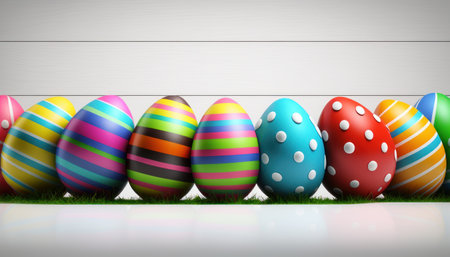 A 3D illustration of a row of painted colored Easter eggs.の写真素材