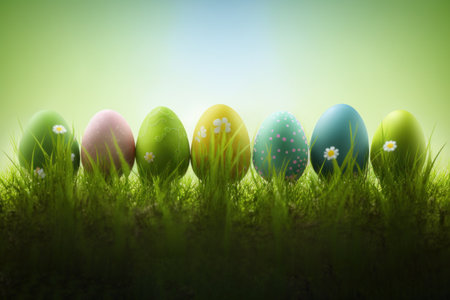 A row of Easter eggs placed in fresh green grass.の写真素材