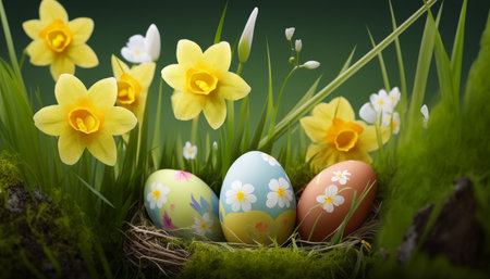 Easter eggs hidden in the grass with a daffodil flower in the backgroundの写真素材