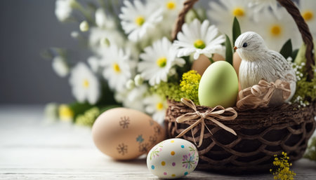 A congratulatory Easter background with Easter eggs and flowers, perfect for wishing someone a happy Easter.の写真素材