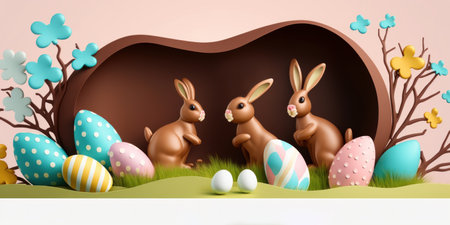 A 3D Easter banner featuring chocolate bunnies and a beautiful painted Easter egg hunt concept, perfect for egg decoration art.の写真素材