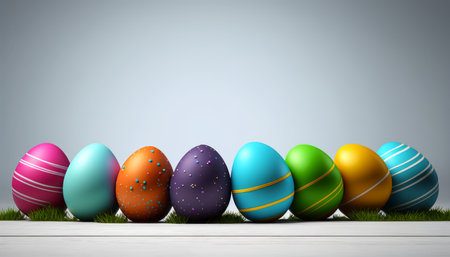 A 3D illustration of a row of painted colored Easter eggs.の写真素材