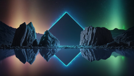 A futuristic minimalist wallpaper featuring a 3D render of an abstract neon background with a rhombus geometric shape and square frame. It also includes an extraterrestrial landscape with rocks and water reflection under a night sky.の写真素材