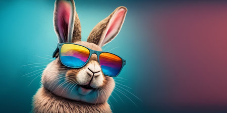 A colorful background featuring a bunny with sunglasses, giving a cool and trendy vibe.の写真素材