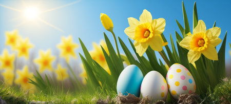 Easter eggs and daffodil flower on meadow.の写真素材