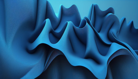 A 3D rendered abstract background featuring a folded textile ruffle in macro view. The blue cloth with wavy patterns creates a stylish and fashionable wallpaperの写真素材