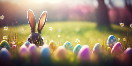 An abstract defocused Easter scene featuring bunny ears behind grass and decorated eggs placed in a flower field.の写真素材