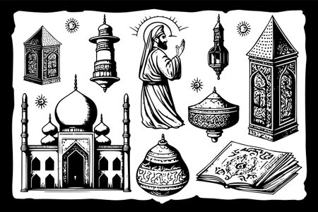 A set of vintage engraving style sketches depicting the Islamic concept, religious traditions, and Muslim culture.のイラスト素材